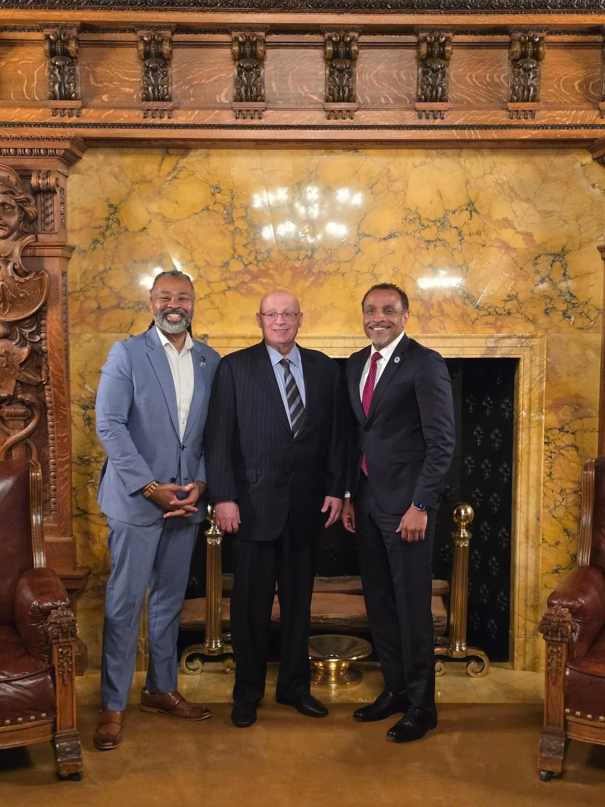 Philadelphia Board of Education President Reginald Streater, Esq., PFT President Arthur Steinberg, and Superintendent Dr. Tony Watlington, Sr., (l-r) are seen outside of Governor Josh Shapiro's office following a meeting to push for a strong education funding package in the state budget.