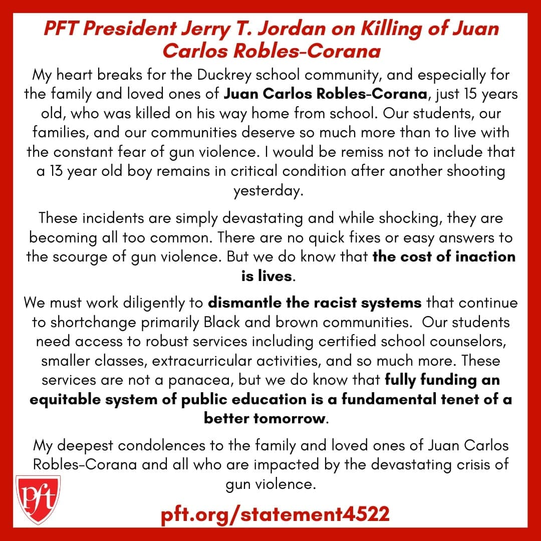 PFT President Jerry Jordan on the Killing of Juan Carlos Robles-Corana and the Ongoing Scourge of Gun Violence