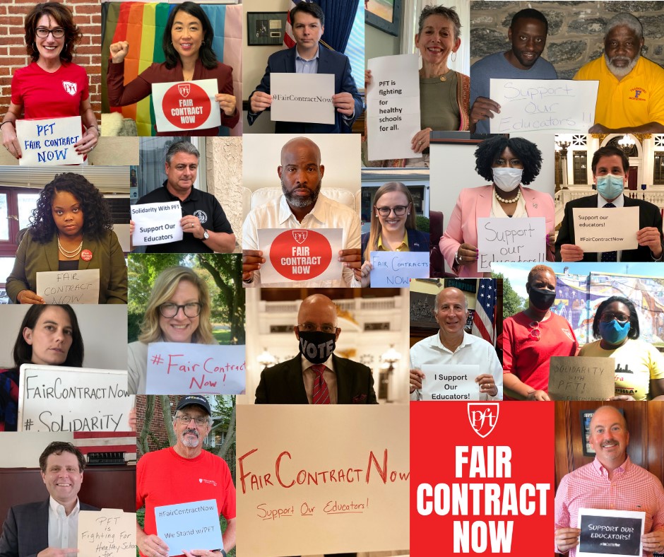 Photos of PFT Members with "Fair Contract Now" signs