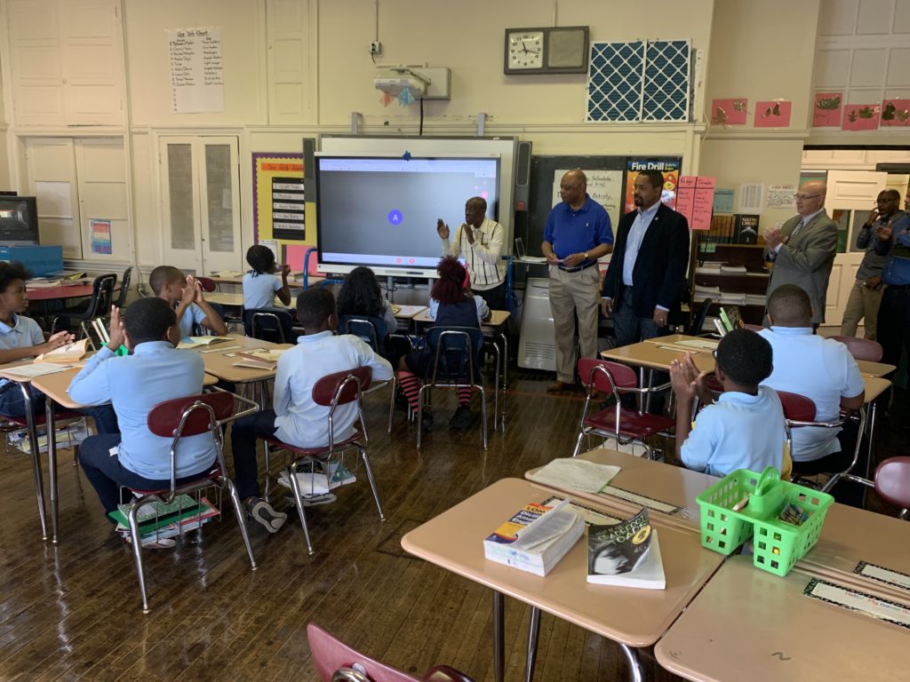 Jerry Jordan, PA Senator Sharif Street and Arthur Steinberg (PFTHW) visit a T.M. Pierce classroom