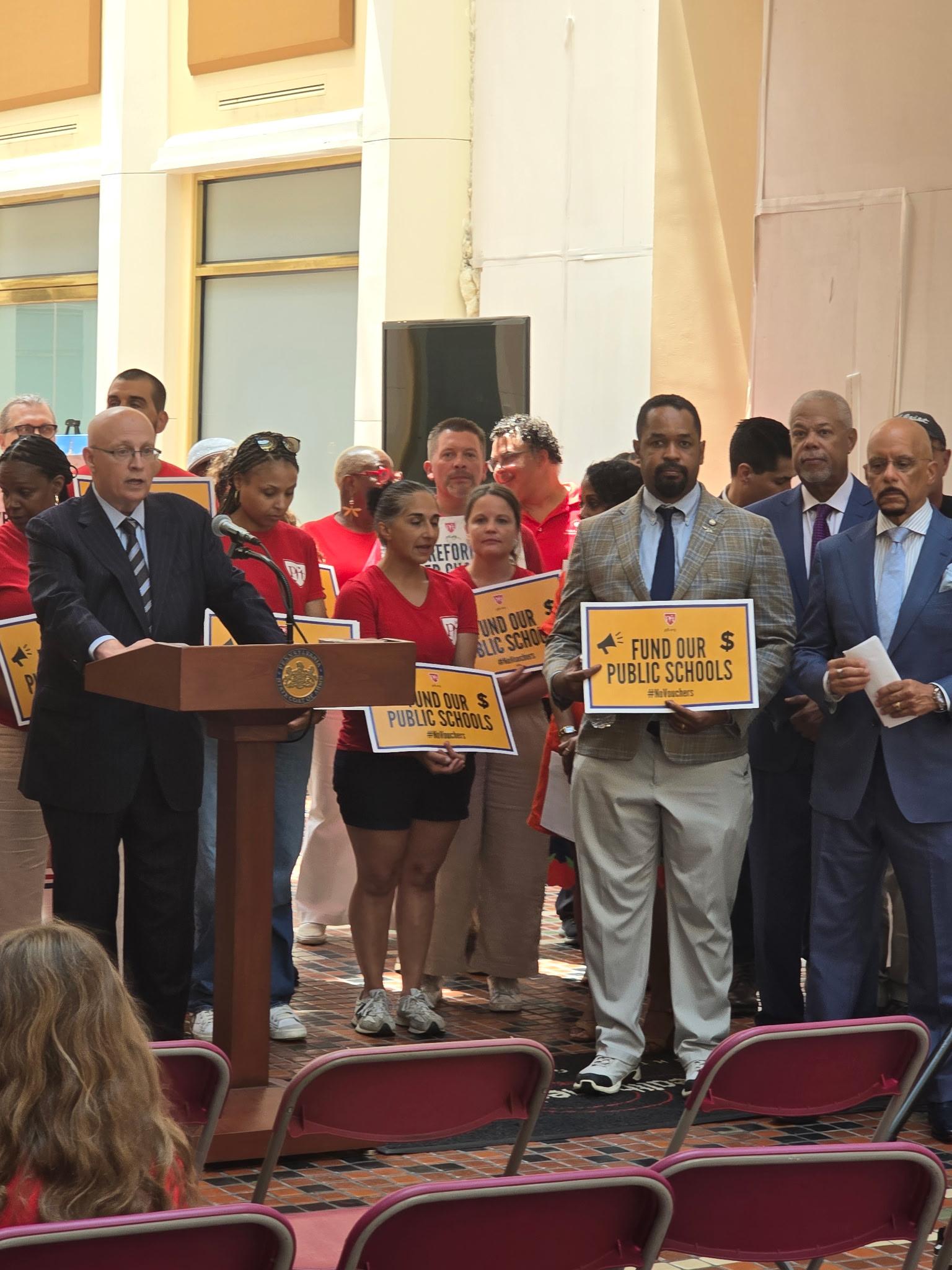 PFT President Arthur Steinberg speaks at a rally for fair education funding in the Capitol. 