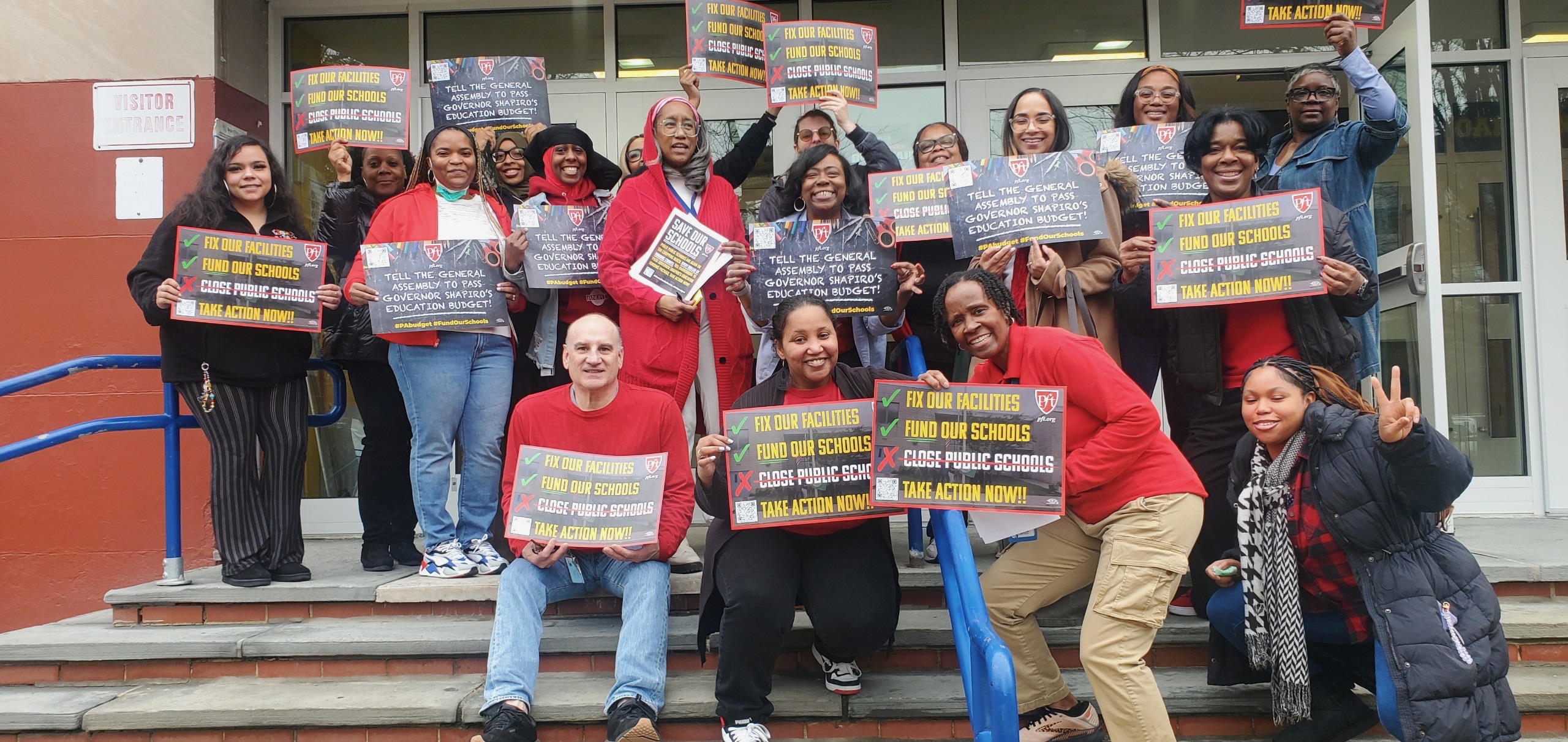 March 4, 2026: PFT members at Ellwood School hold signs encouraging the Pennsylvania General Assembly to increase public education funding as part of the AFT's national Day of Action.