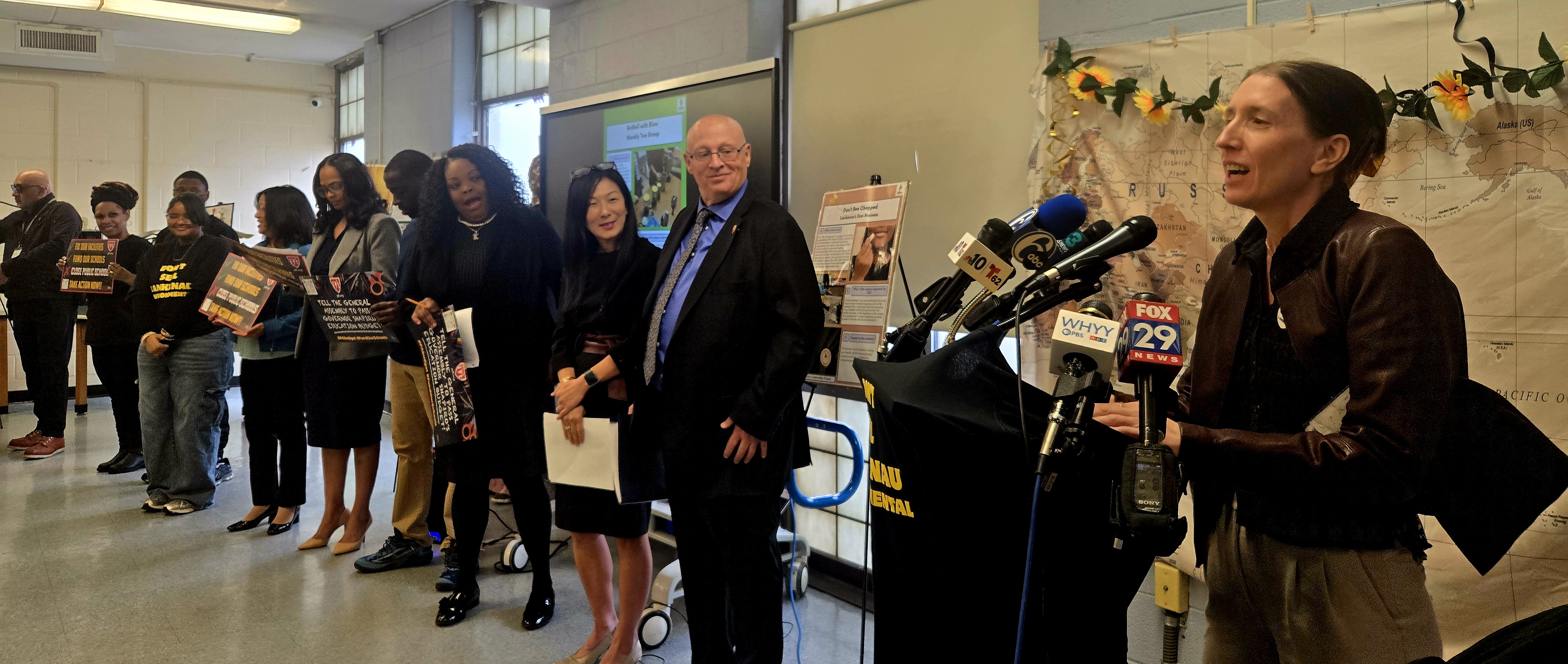 Special education teacher and PFT member Amy Szymanski speaks at an AFT Day of Action event at Lankenau Environmental Science Magnet High School.
