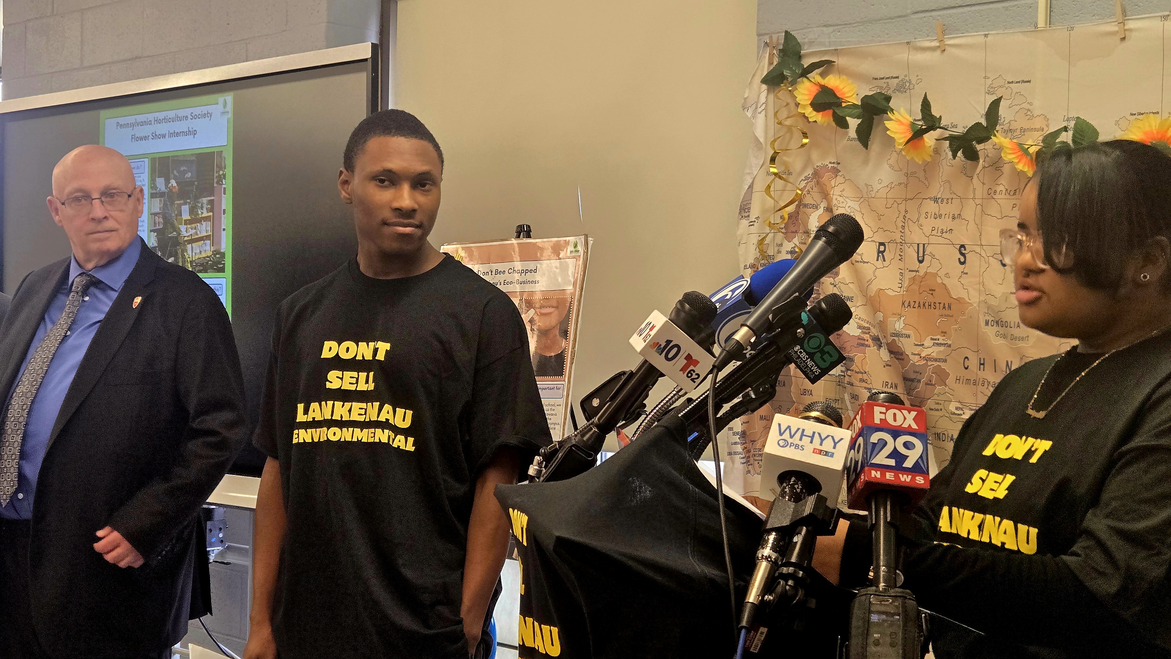 Lankenau Environmental Science students Sa'Niyah Bailey (9th grade) and Messiah Stokes (11th grade) speak at a PFT Day of Action event. 