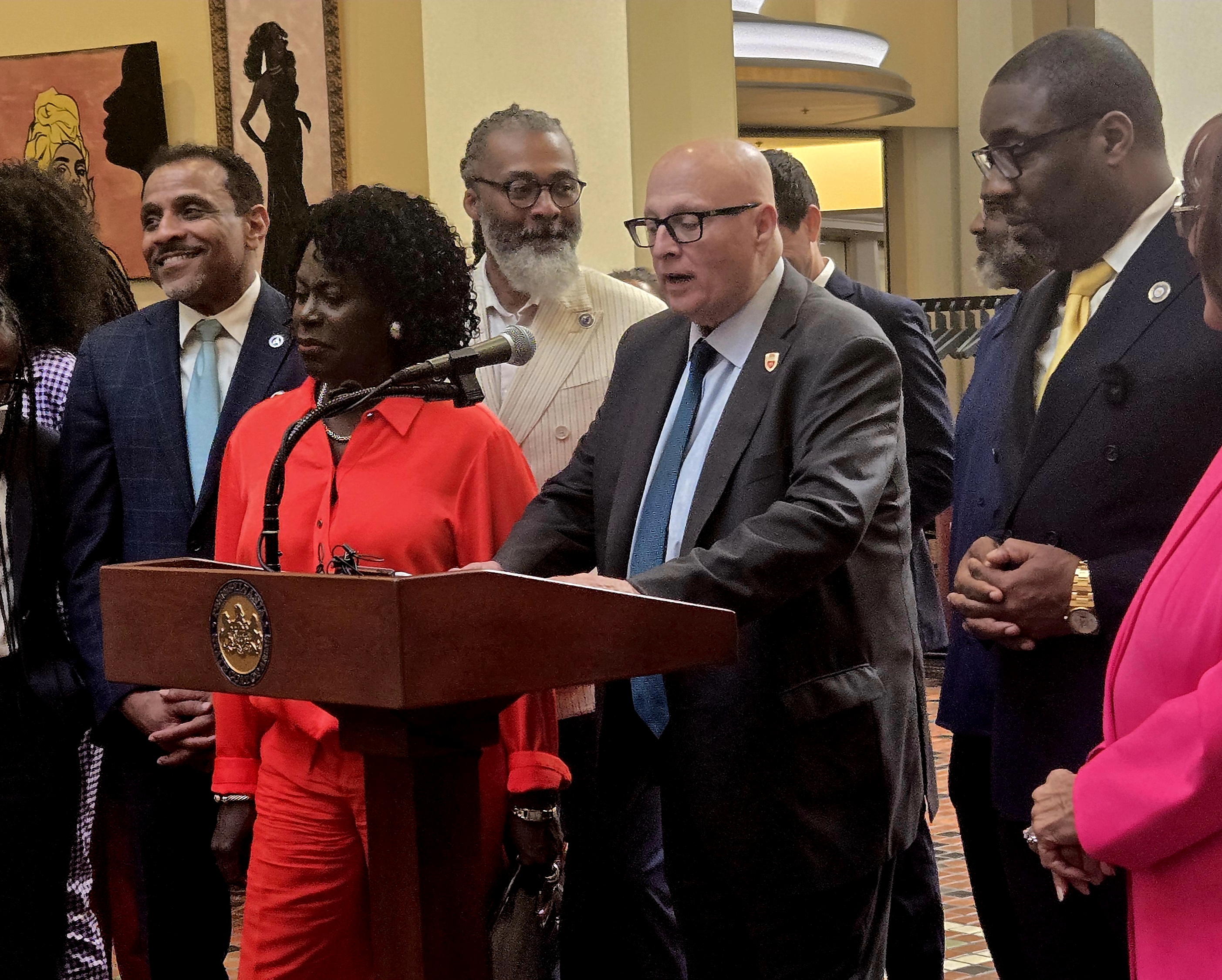June 22, 2026: PFT President Arthur G. Steinberg speaks at a press conference calling for more education funding in the state Capitol, alongside Philadelphia Mayor Cherelle Parker, Council President Kenyatta Johnson, and SDP leadership.