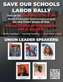 Graphic promoting a 2/26 labor rally to stop the School District's facilities master plan as currently proposed